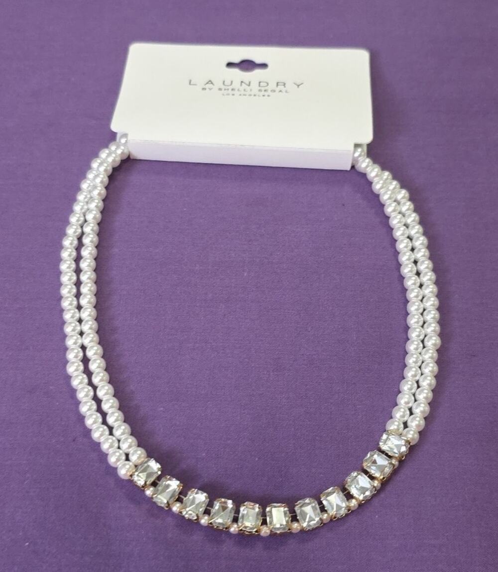 Laundry by Shelli Segal Double Strand Faux Pearl & Rhinestone Crystal Necklace